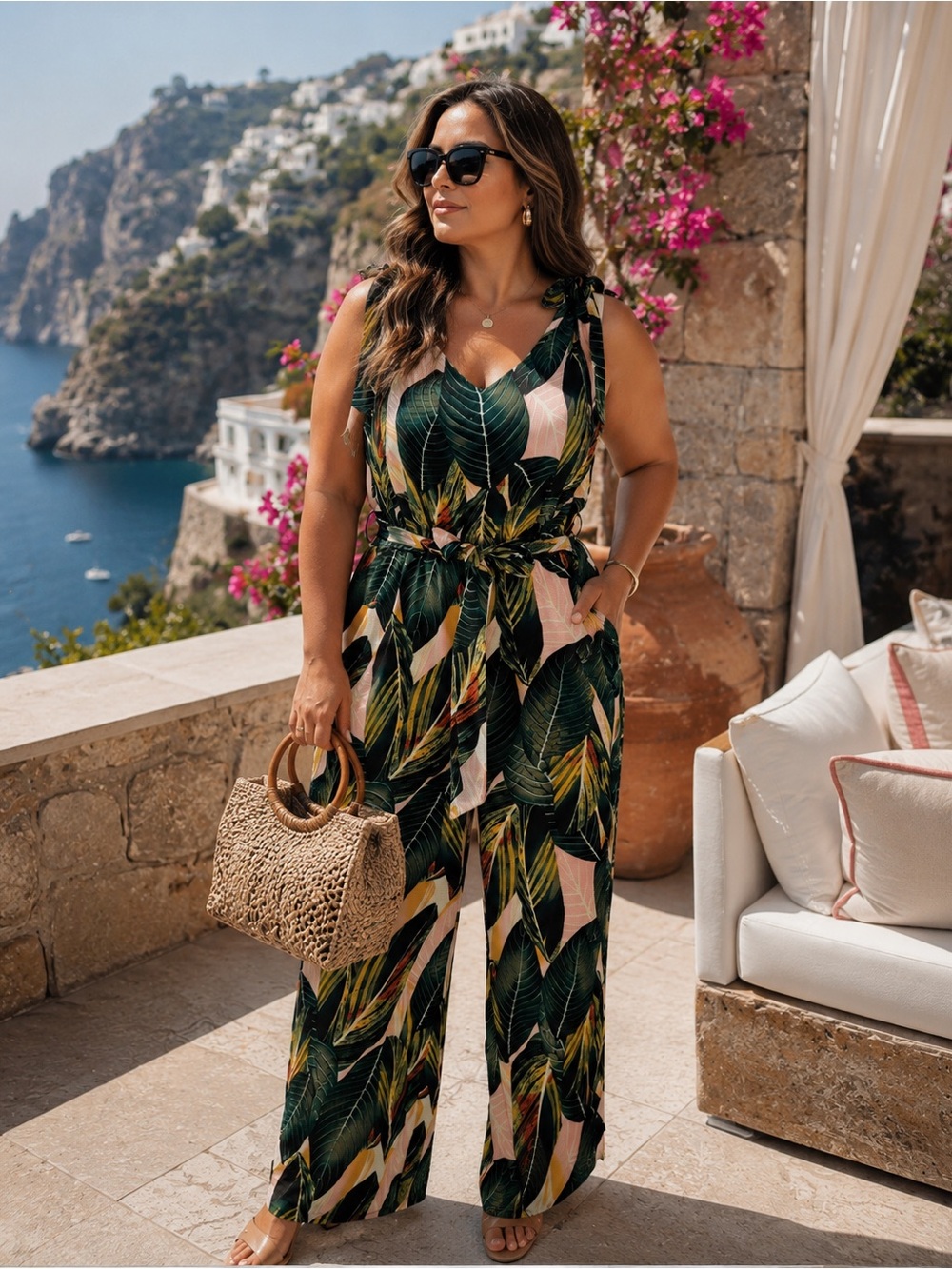 Tropical Leaf Tie-Shoulder Jumpsuit - Green Leaf Print